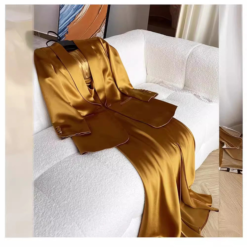 Luxurious Gold Japanese Satin Suit Elegant  Style