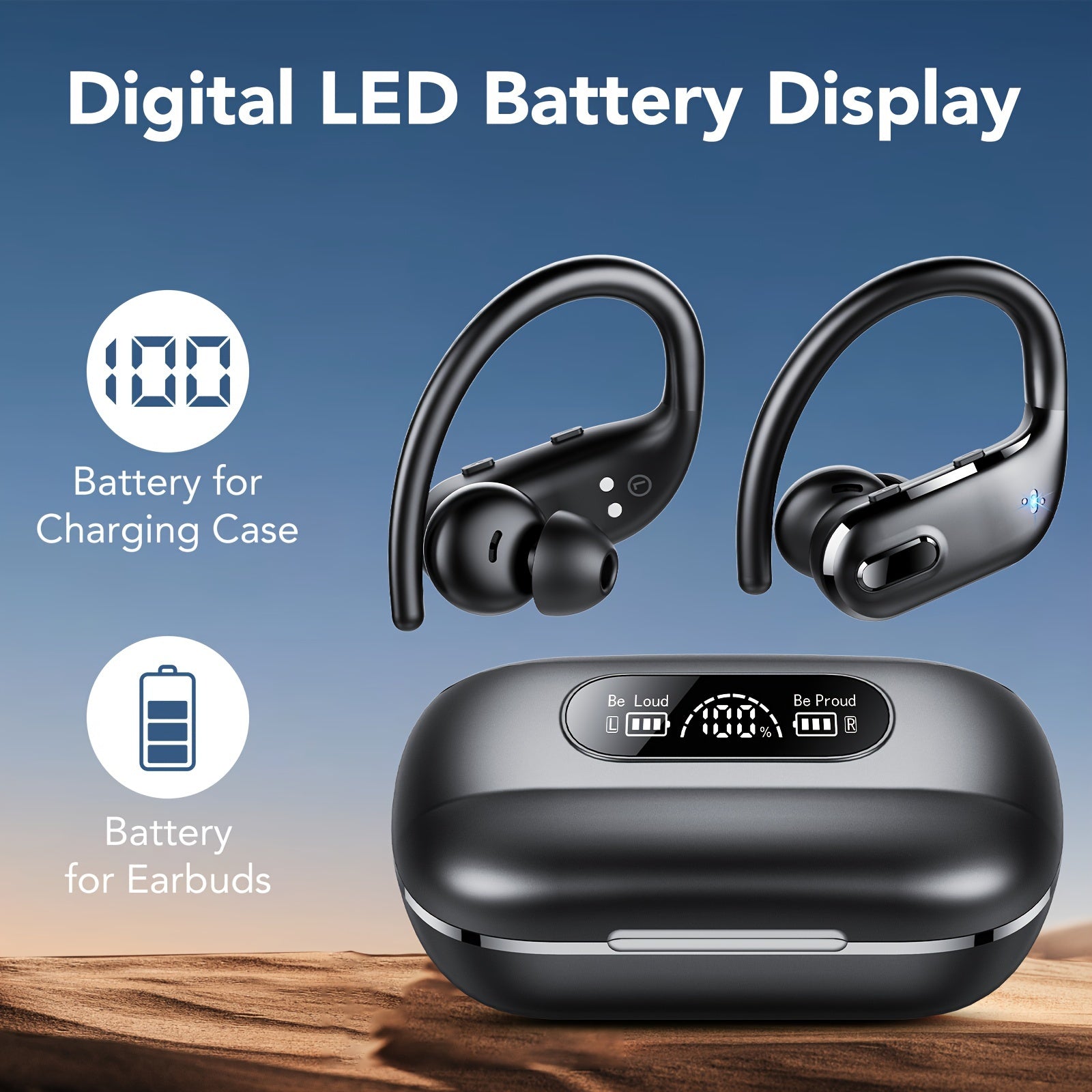 Wireless Earbuds with LED Case 80H Playtime Sports Headphones