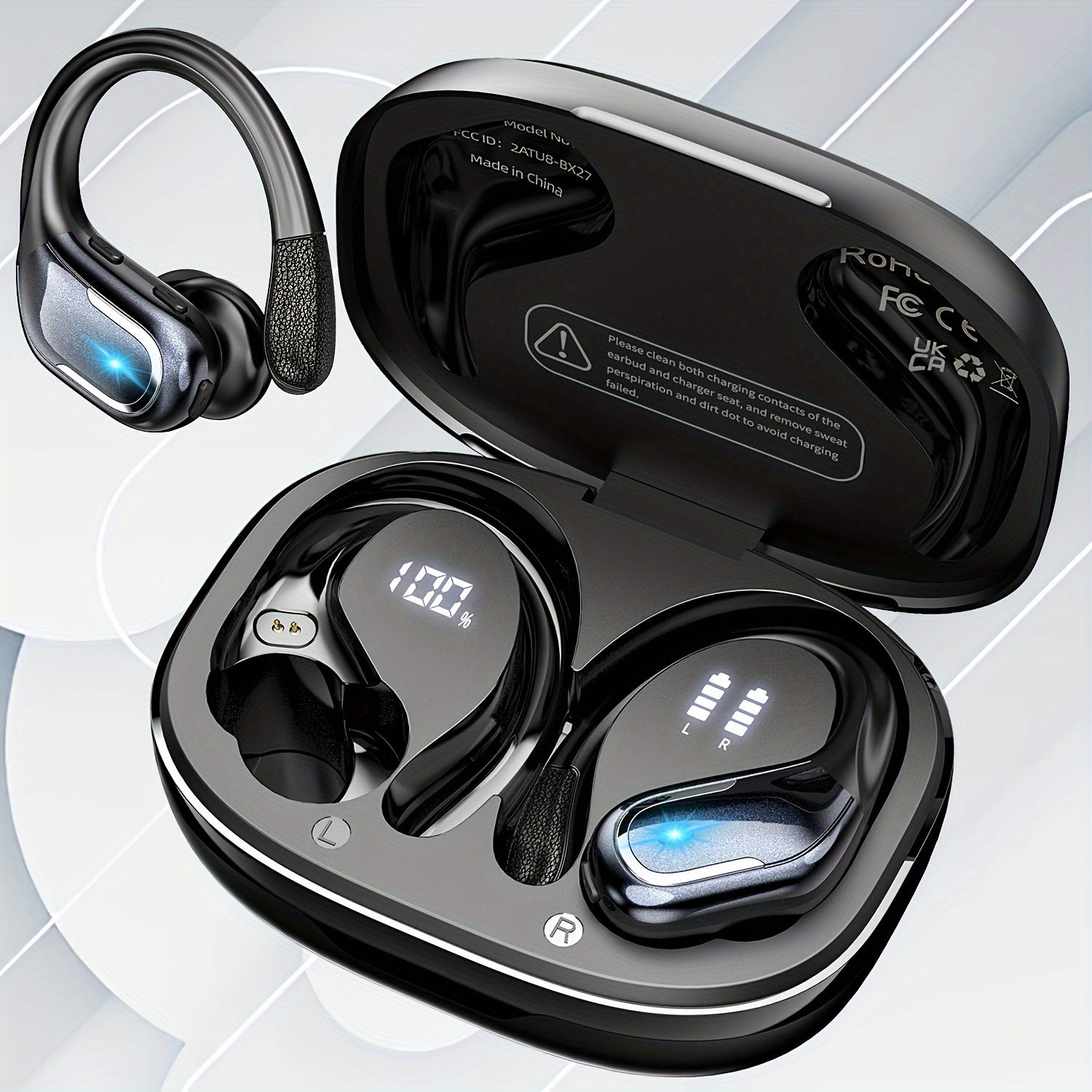 DualLED Wireless Earbuds with Earhooks and Pure Bass Sound